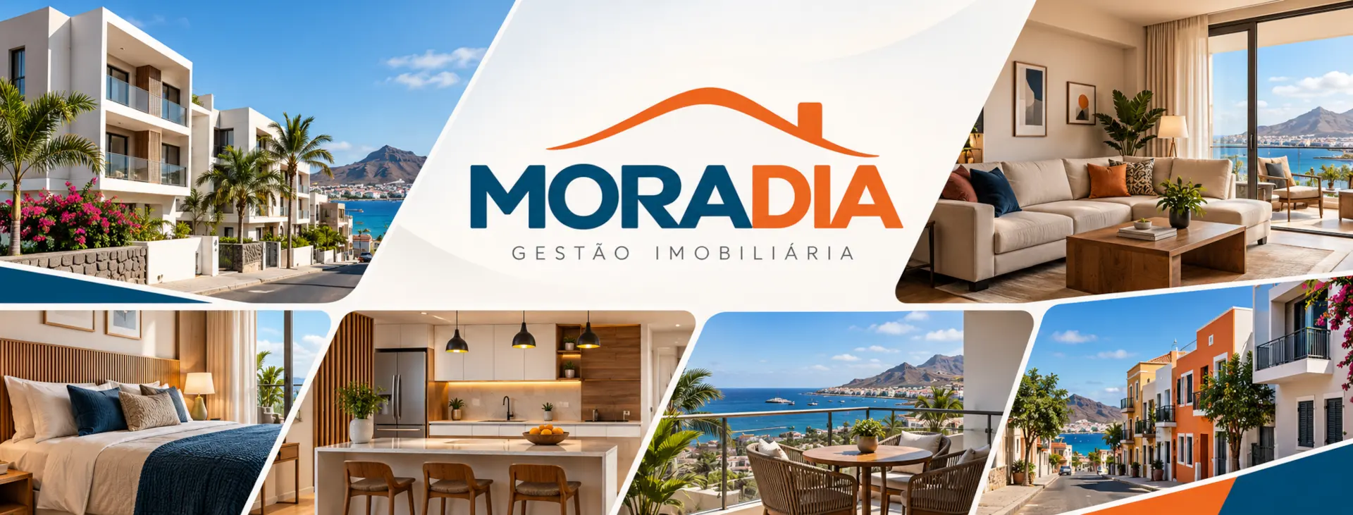 MORADIA, gestão imobiliária: apartamentos junto ao mar, uma sala e um quarto mobilados, uma cozinha, uma varanda com vista para a baía e uma rua de casas coloridas.